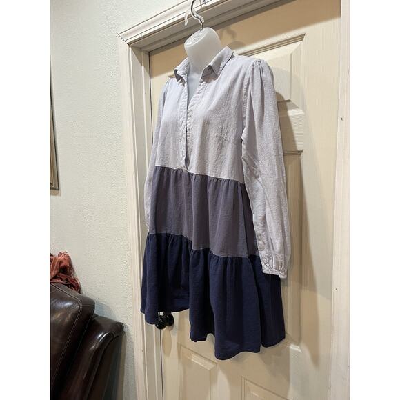 Simply Southern tiered swing dress color blocked long slv collar blues sz L - Picture 3 of 5
